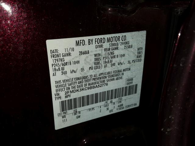 2FMDK3KC9BBA52776 - 2011 FORD EDGE LIMIT RED photo 10
