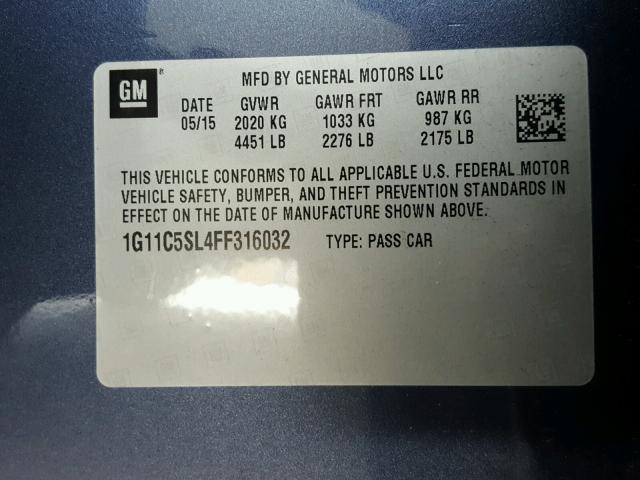 1G11C5SL4FF316032 - 2015 CHEVROLET MALIBU 1LT 蓝色 照片 10