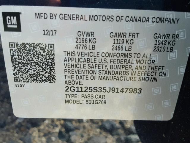 2G1125S35J9147983 - 2018 CHEVROLET IMPALA PRE ლურჯი ფოტო 10