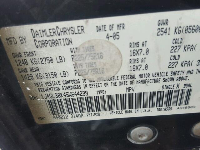 1J4GL38K45W644239 - 2005 JEEP LIBERTY RE BLACK photo 10