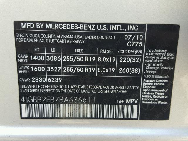 4JGBB2FB7BA636611 - 2011 MERCEDES-BENZ ML 350 BLU SILVER photo 10