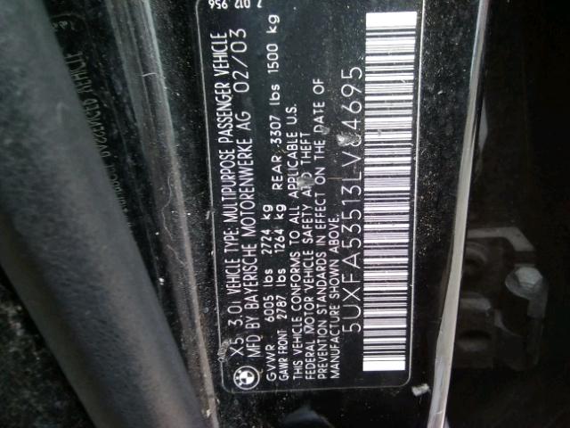 5UXFA53513LV84695 - 2003 BMW X5 3.0I BLACK photo 10