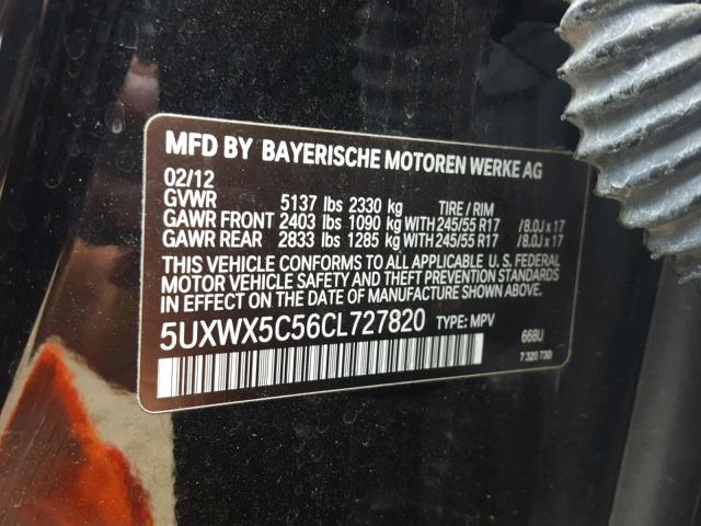 5UXWX5C56CL727820 - 2012 BMW X3 XDRIVE2 BLACK photo 10