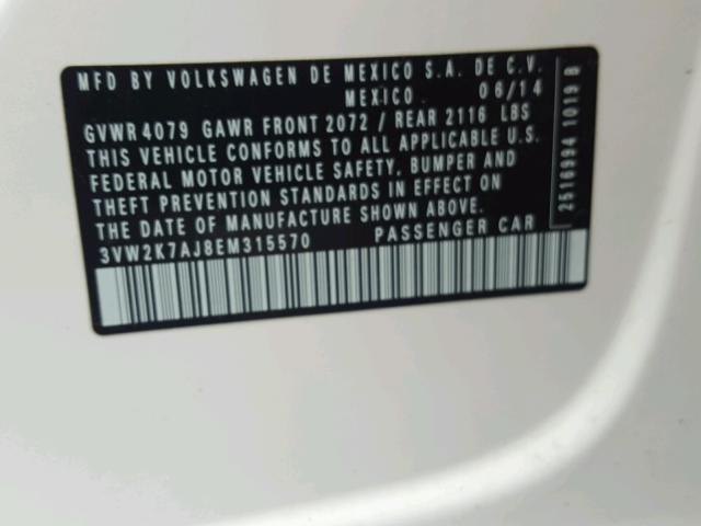 3VW2K7AJ8EM315570 - 2014 VOLKSWAGEN JETTA BASE 白色 照片 10