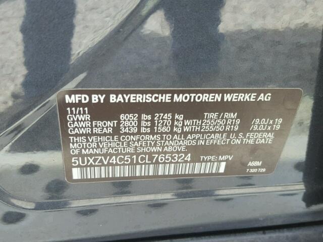 5UXZV4C51CL765324 - 2012 BMW X5 XDRIVE3 CHARCOAL photo 10