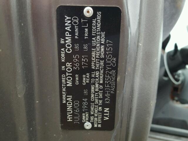 KMHJF35F2YU051517 - 2000 HYUNDAI ELANTRA GL GRAY photo 10