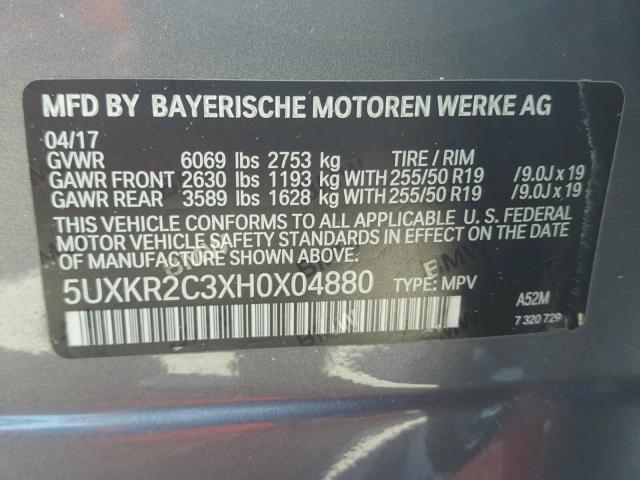 5UXKR2C3XH0X04880 - 2017 BMW X5 SDRIVE3 GRAY photo 10