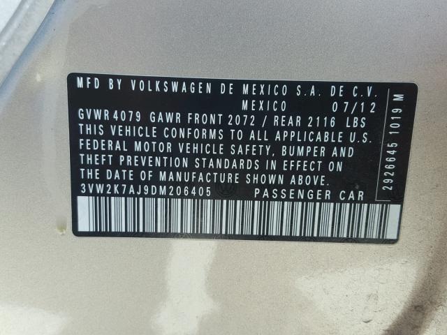 3VW2K7AJ9DM206405 - 2013 VOLKSWAGEN JETTA BASE 金色 照片 10