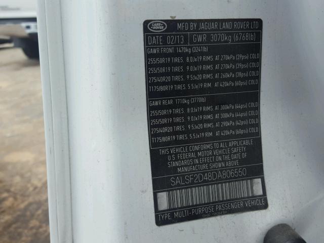 SALSF2D48DA806550 - 2013 LAND ROVER RANGE ROVE WHITE photo 10