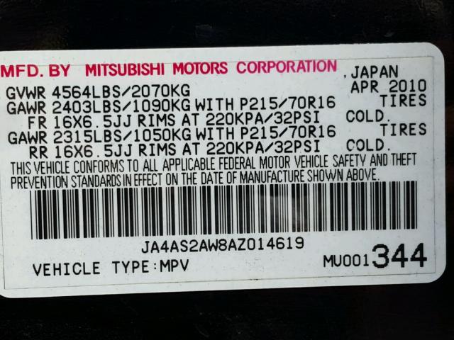 JA4AS2AW8AZ014619 - 2010 MITSUBISHI OUTLANDER BLACK photo 10