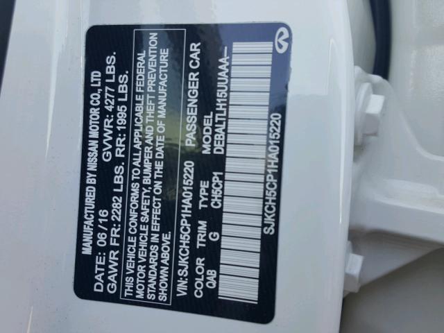 SJKCH5CP1HA015220 - 2017 INFINITI QX30 BASE WHITE photo 10