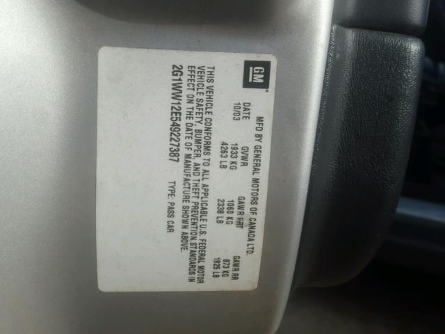 2G1WW12E549227387 - 2004 CHEVROLET MONTE CARL 黑色 照片 10