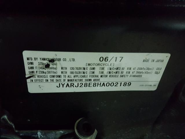 JYARJ28E8HA002189 - 2017 YAMAHA YZFR6 BLACK photo 10