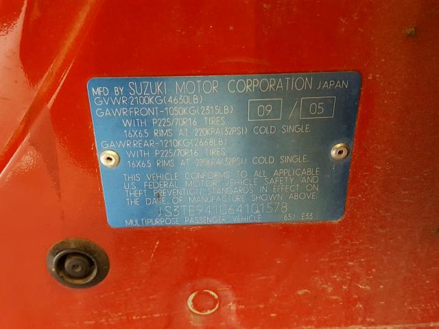 JS3TE941064101578 - 2006 SUZUKI GRAND VITA RED photo 10