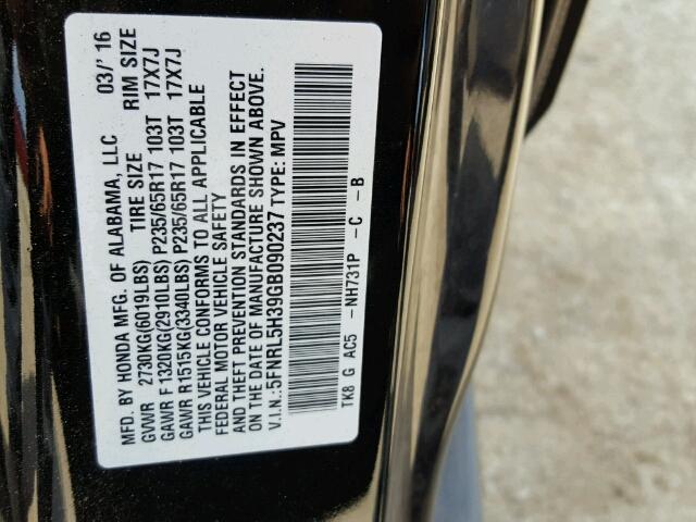 5FNRL5H39GB090237 - 2016 HONDA ODYSSEY SE BLACK photo 10