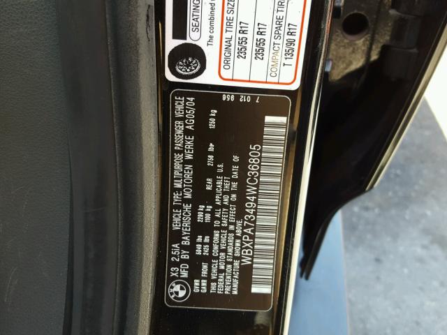 WBXPA73494WC36805 - 2004 BMW X3 2.5I BLACK photo 10