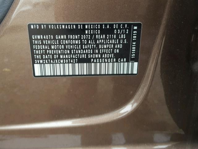 3VW2K7AJXCM397427 - 2012 VOLKSWAGEN JETTA BASE 棕色 照片 10