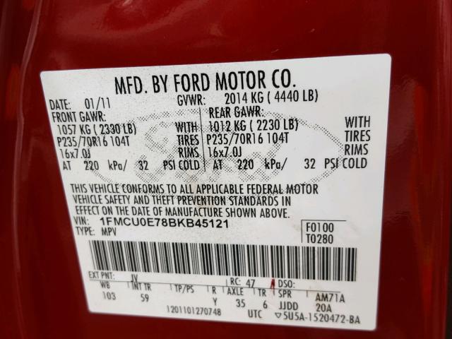 1FMCU0E78BKB45121 - 2011 FORD ESCAPE LIM RED photo 10