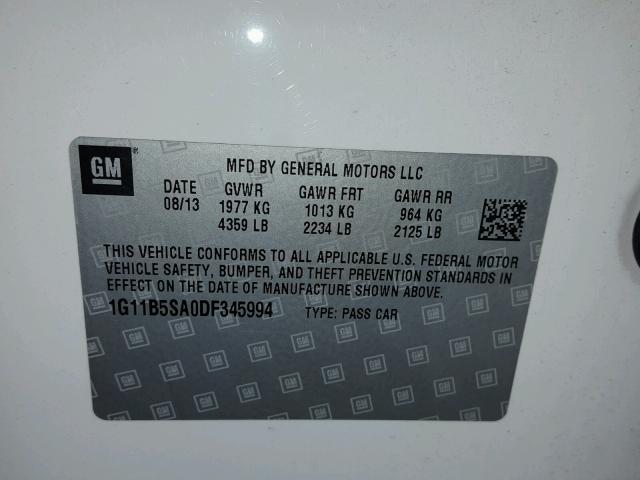 1G11B5SA0DF345994 - 2013 CHEVROLET MALIBU LS WHITE photo 10