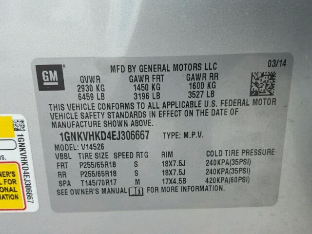 1GNKVHKD4EJ306667 - 2014 CHEVROLET TRAVERSE L SILVER photo 10