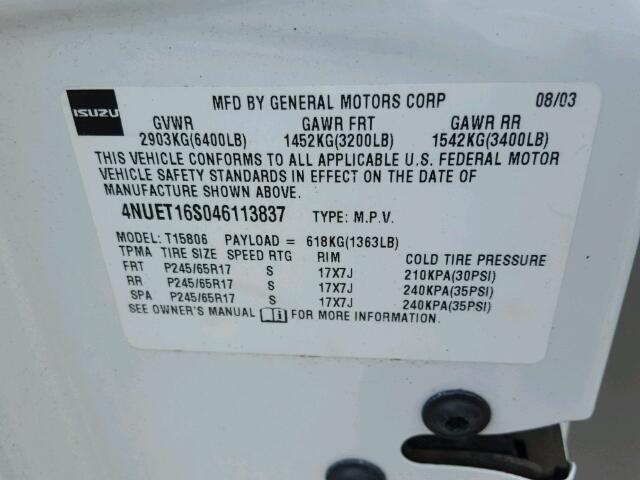 4NUET16S046113837 - 2004 ISUZU ASCENDER S 白色 照片 10