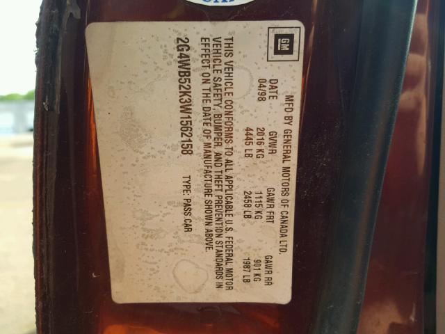 2G4WB52K3W1562158 - 1998 BUICK REGAL LS 栗色 照片 10