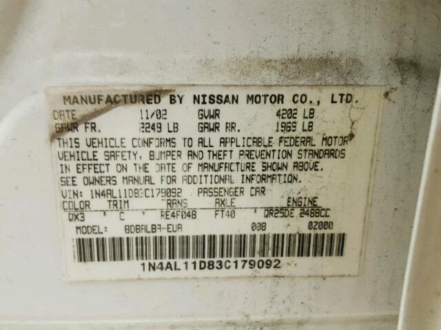 1N4AL11D83C179092 - 2003 NISSAN ALTIMA BAS WHITE photo 10