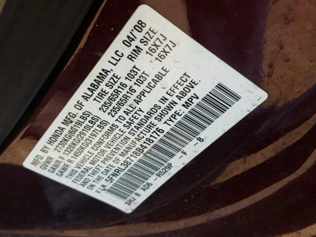 5FNRL38718B418176 - 2008 HONDA ODYSSEY EX BURGUNDY photo 10