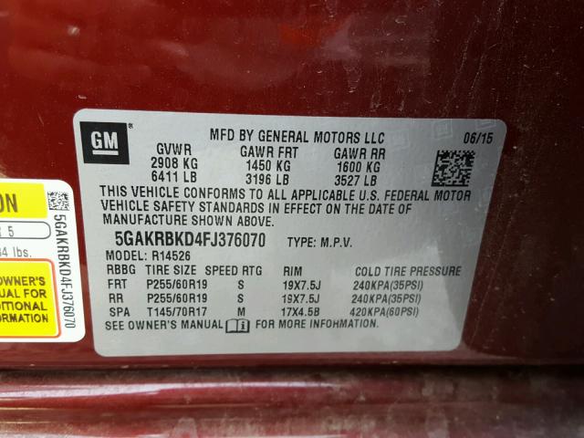 5GAKRBKD4FJ376070 - 2015 BUICK ENCLAVE RED photo 10