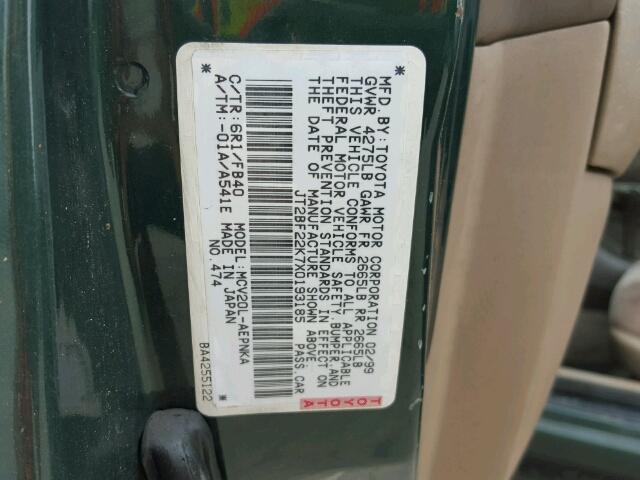 JT2BF22K7X0193185 - 1999 TOYOTA CAMRY GREEN photo 10