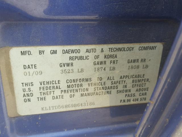 KL1TD56E69B643186 - 2009 CHEVROLET AVEO LS BLUE photo 10