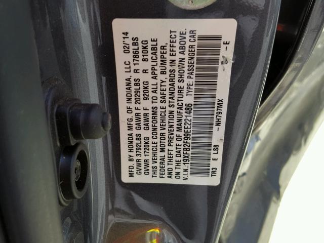 19XFB2F99EE221486 - 2014 HONDA CIVIC EXL GRAY photo 10