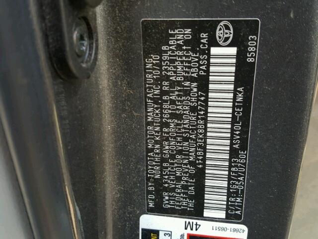 4T4BF3EK8BR147747 - 2011 TOYOTA CAMRY BASE GRAY photo 10