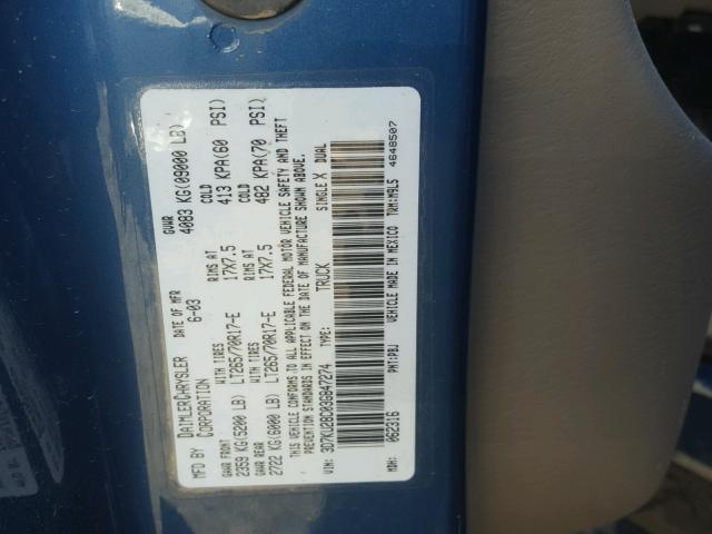 3D7KU28C03G847274 - 2003 DODGE RAM 2500 S BLUE photo 10