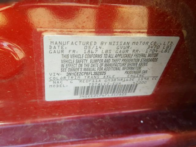 3N1CE2CP6FL352825 - 2015 NISSAN VERSA NOTE RED photo 10