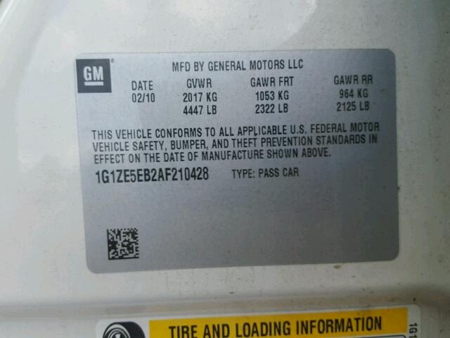 1G1ZE5EB2AF210428 - 2010 CHEVROLET MALIBU LTZ 白色 照片 10
