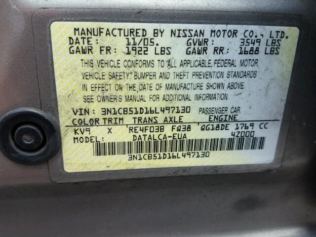 3N1CB51D16L497130 - 2006 NISSAN SENTRA 1.8 TAN photo 10