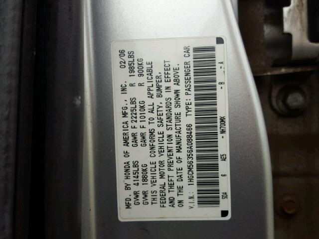 1HGCM56356A088466 - 2006 HONDA ACCORD SE SILVER photo 10