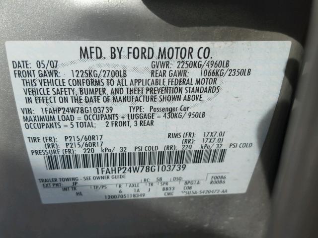 1FAHP24W78G103739 - 2008 FORD TAURUS SEL GRAY photo 10