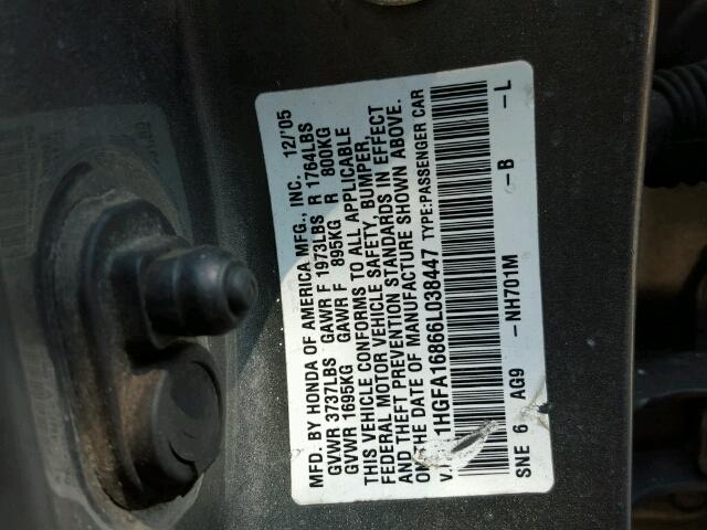 1HGFA16866L038447 - 2006 HONDA CIVIC EX GRAY photo 10