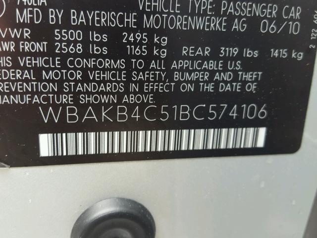 WBAKB4C51BC574106 - 2011 BMW 740 LI SILVER photo 10