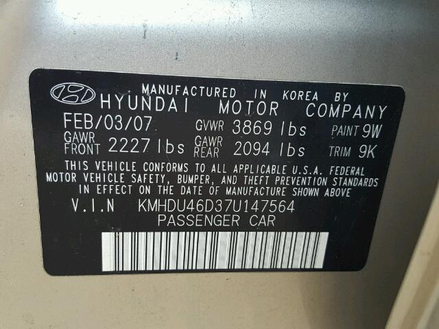 KMHDU46D37U147564 - 2007 HYUNDAI ELANTRA GL GOLD photo 10