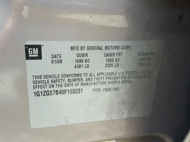 1G1ZG57B48F193231 - 2008 CHEVROLET MALIBU LS TAN photo 10