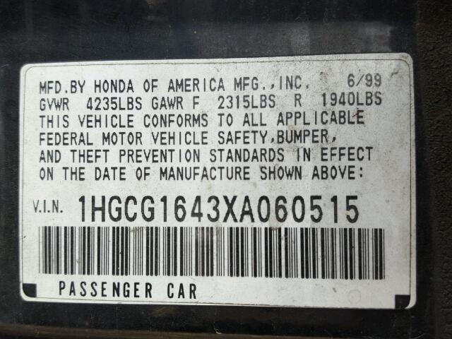 1HGCG1643XA060515 - 1999 HONDA ACCORD LX BLACK photo 10