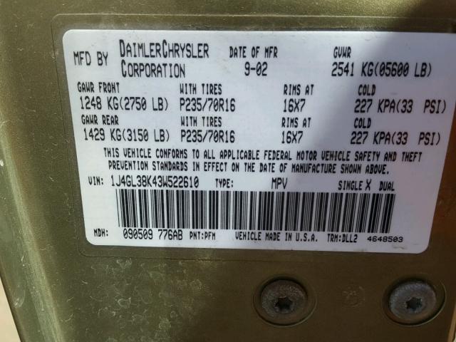 1J4GL38K43W522610 - 2003 JEEP LIBERTY RE GREEN photo 10