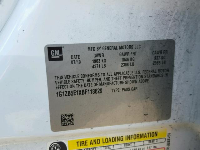 1G1ZB5E1XBF118629 - 2011 CHEVROLET MALIBU LS WHITE photo 10