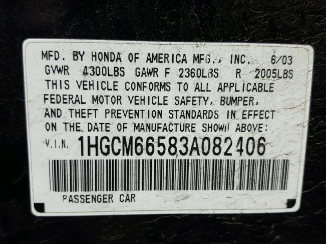 1HGCM66583A082406 - 2003 HONDA UK BLACK photo 10