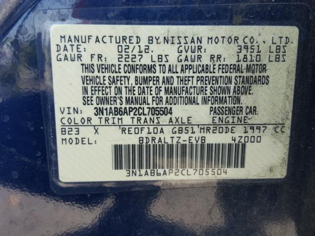 3N1AB6AP2CL705504 - 2012 NISSAN SENTRA 2.0 BLUE photo 10