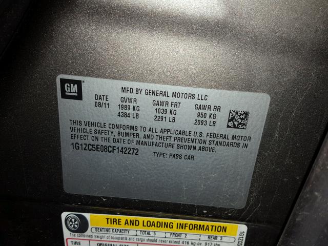 1G1ZC5E08CF142272 - 2012 CHEVROLET MALIBU 1LT GRAY photo 10