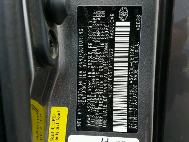 4T1BF1FK5FU112022 - 2015 TOYOTA CAMRY LE ნაცრისფერი ფოტო 10